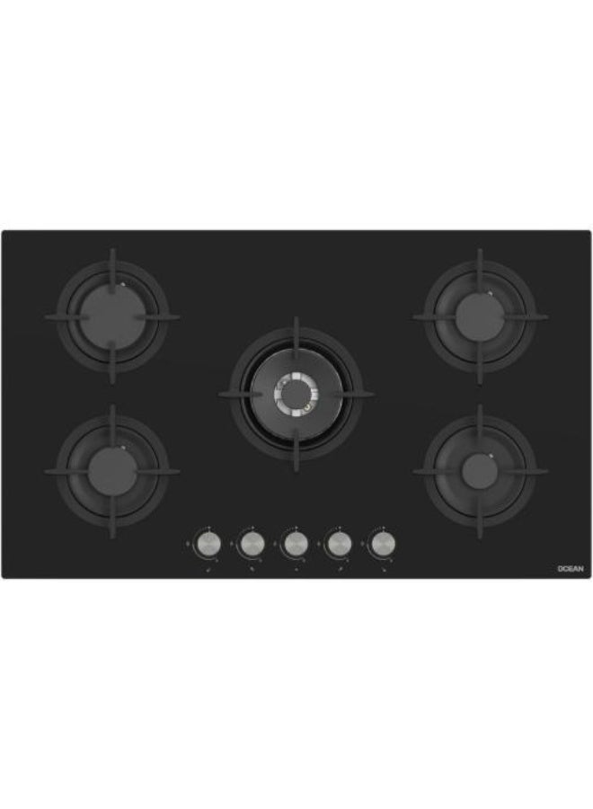 أوشن موقد غاز مدمج من أوشن، 90 سم، 5 شعلات، زجاج أسود - OHGG R9401N PRO SV - Image 1